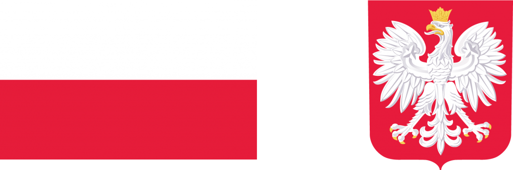 Flaga Polski po lewej i Godło po prawej