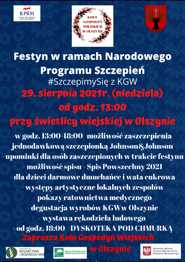 Festyn w ramach Narodowego Programu Szczepień #SzczepimySię z KGW 29 sierpnia 2021 (niedziela) o godzinie 13:00 przy świetlicy wiejskiej w Olszynie